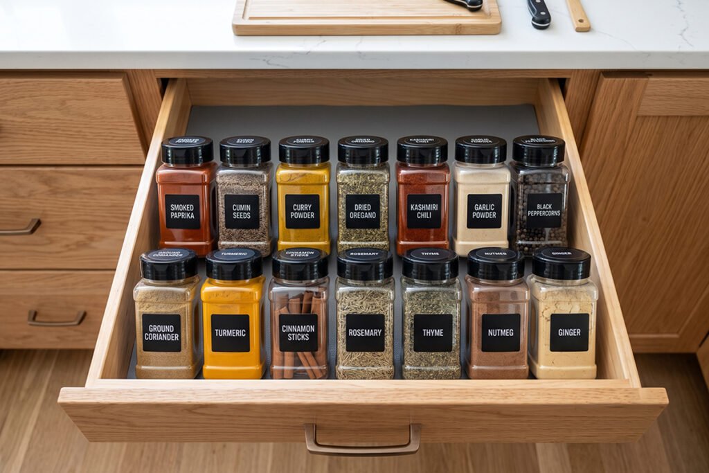 Row of durable BPA-free plastic spice tubs stacked neatly inside a deep storage dra