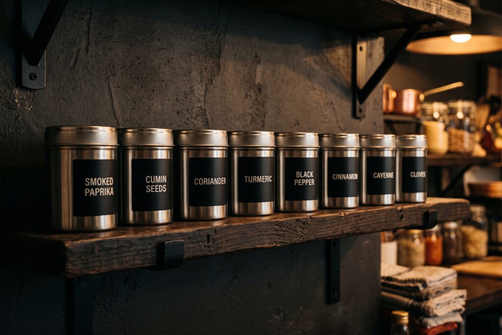 Row of opaque solid metal spice tins with custom labels arranged on a shelf in a dark kitchen pantry