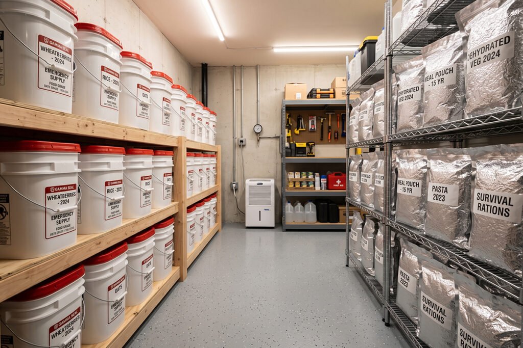 Rows of heavy-duty five-gallon food-grade buckets and vacuum-sealed metallic Mylar ba