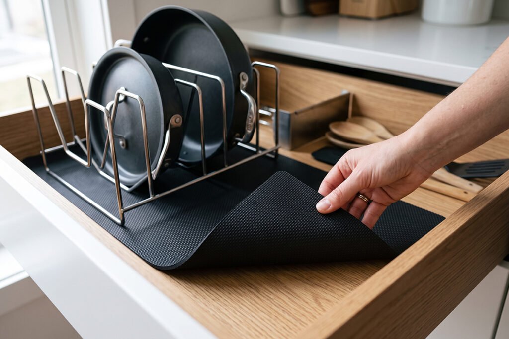 Rubberized anti-skid pad being laid under a steel cookware organizer inside a drawer