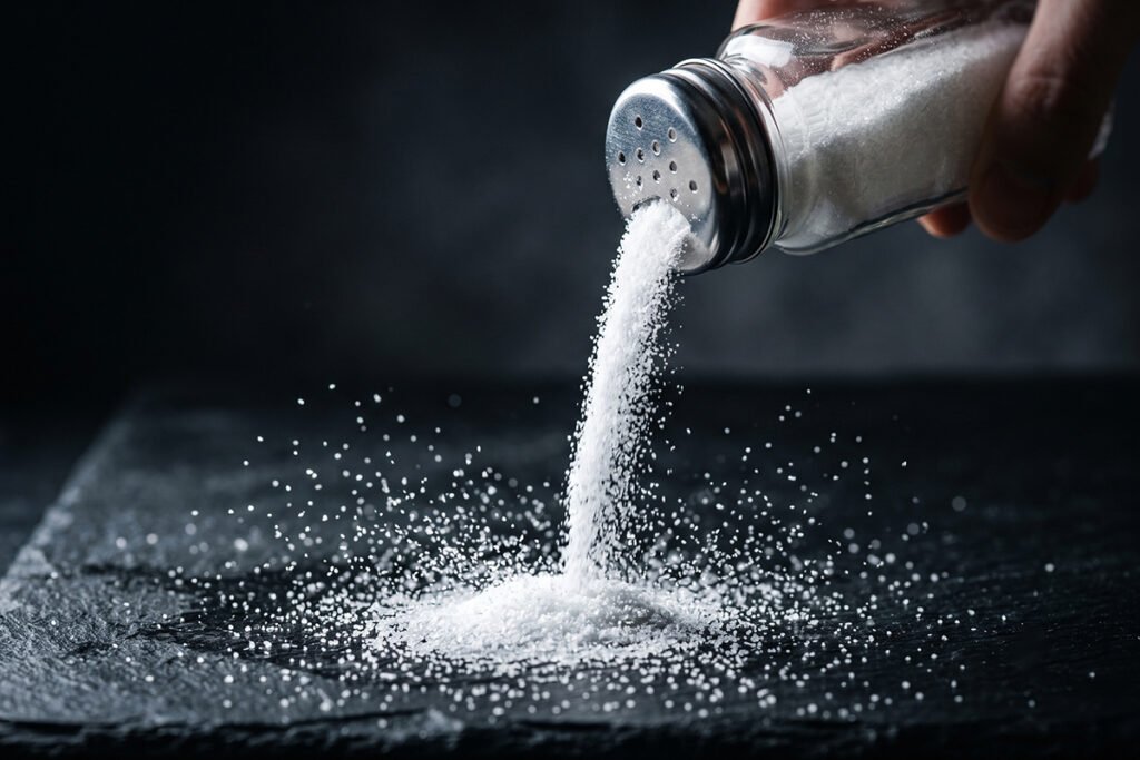 Salt pouring smoothly out of a glass shaker onto a dark stone surface.