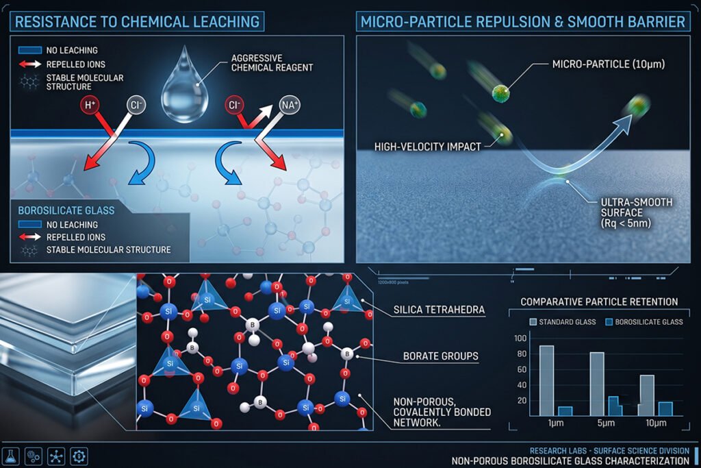 Science diagram illustrating non-porous glass surface resisting chemical leaching