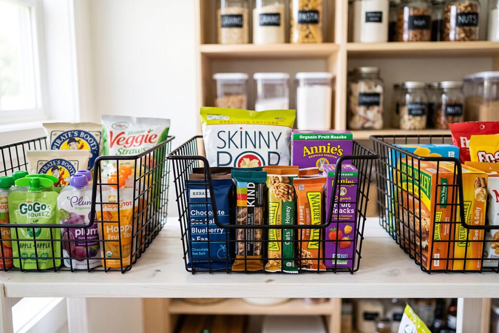 Scoop-front open black wire baskets holding snacks on a pantry shelf