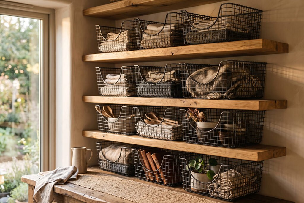 Scooped open-front metal wire baskets stacked neatly on deep wooden shelves