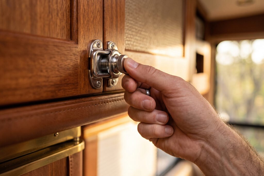 Screwdriver tightening wall mounting bracket screws inside an open RV cabinet