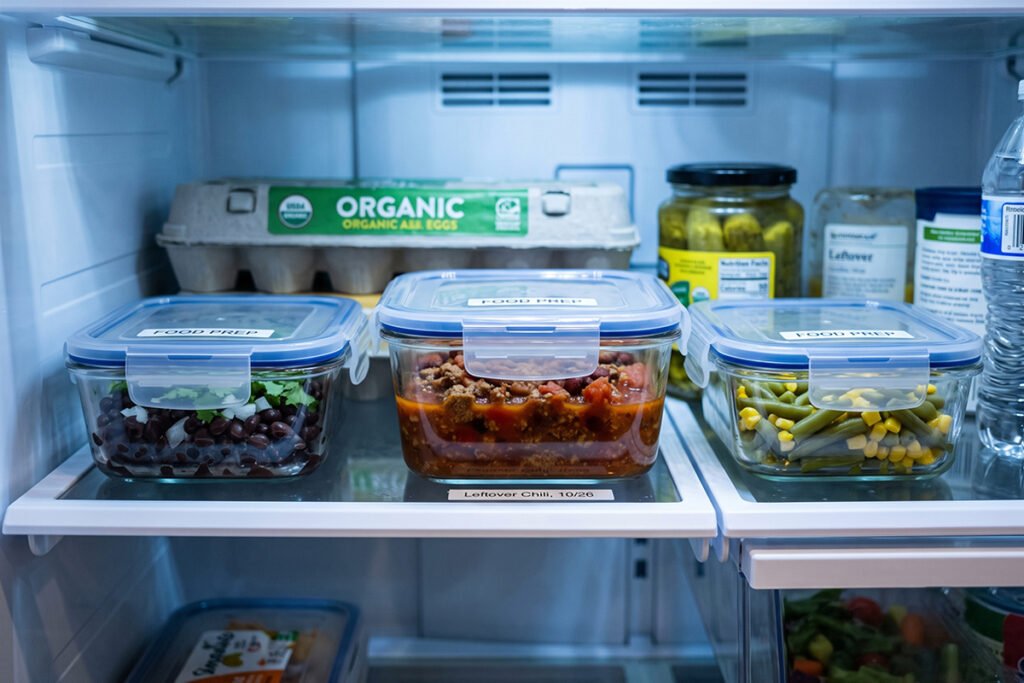 Sealed glass containers holding leftover canned food neatly stored inside a refrigerator