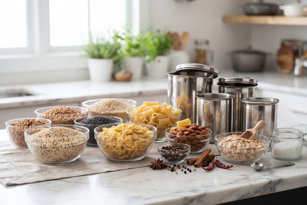 Selection of dry pantry goods arranged beside empty metal food storage containers