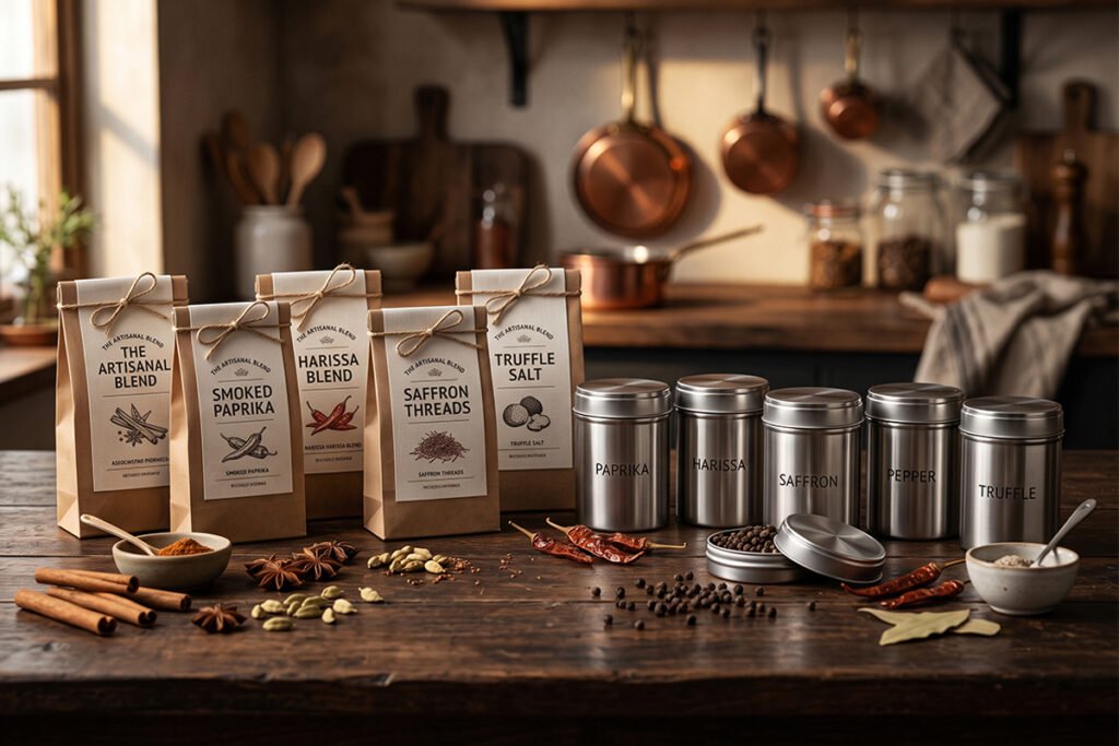 Selection of premium gourmet chef spice brands positioned alongside food-grade stainless steel storage tins