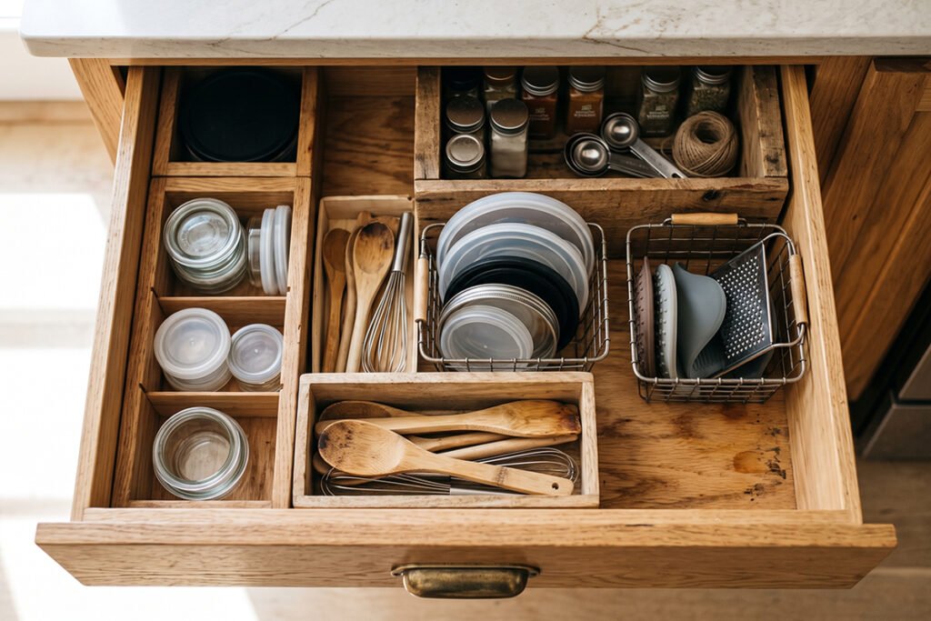 Selection of unfinished wooden bins and wire baskets from a craft store repurposed inside a drawer