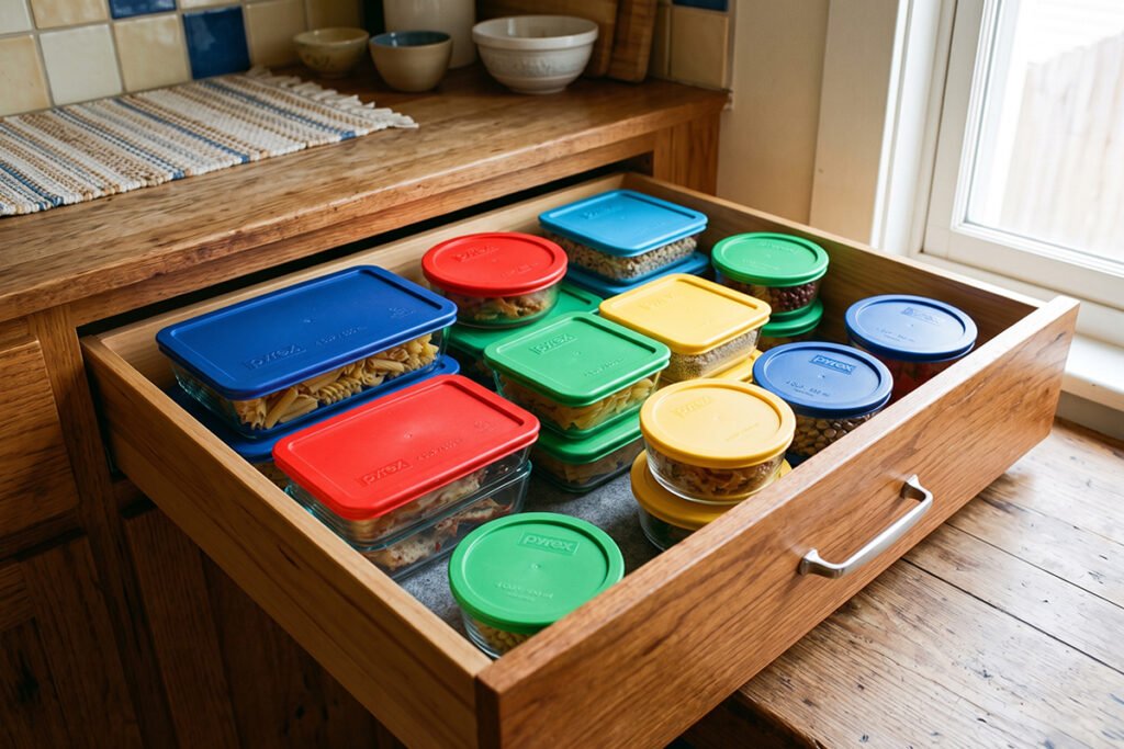 Set of glass Pyrex storage containers with colorful plastic lids arranged inside a open drawer.