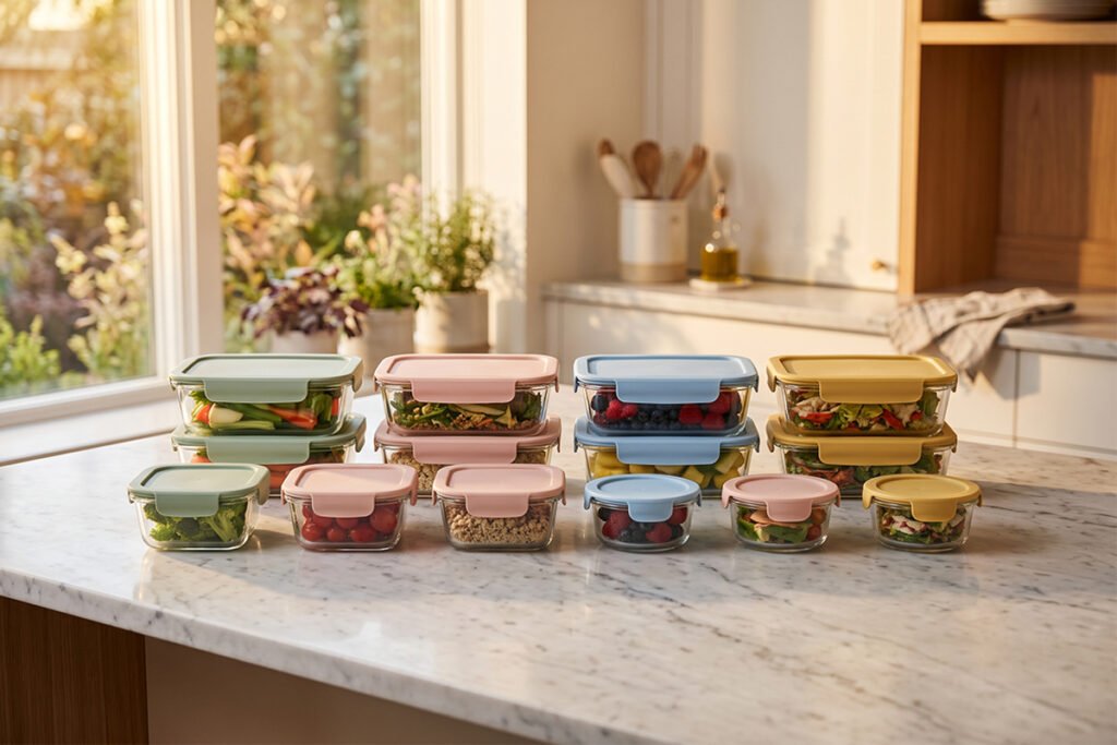 Set of glass food storage containers with silicone lids arranged in a clean kitchen