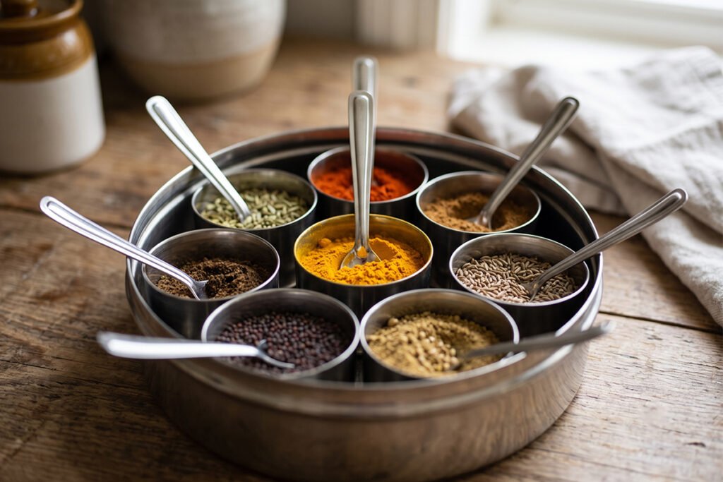 Set of mini stainless steel spice spoons resting neatly inside small container cups