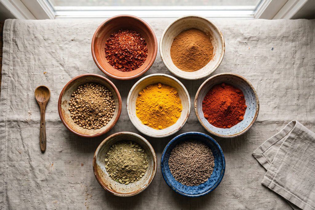 Seven bowls containing colorful super spices like turmeric