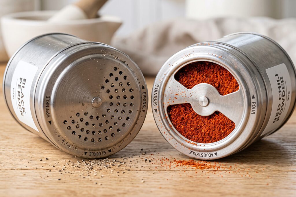 Shaker and pour top metal spice tins featuring adjustable dual-action lid settings for precise seasoning