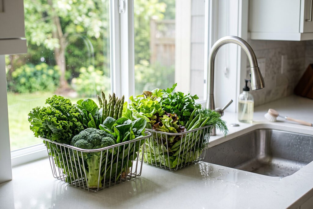 Shiny stainless steel wire baskets holding fresh vegetables near a kitchen sink.