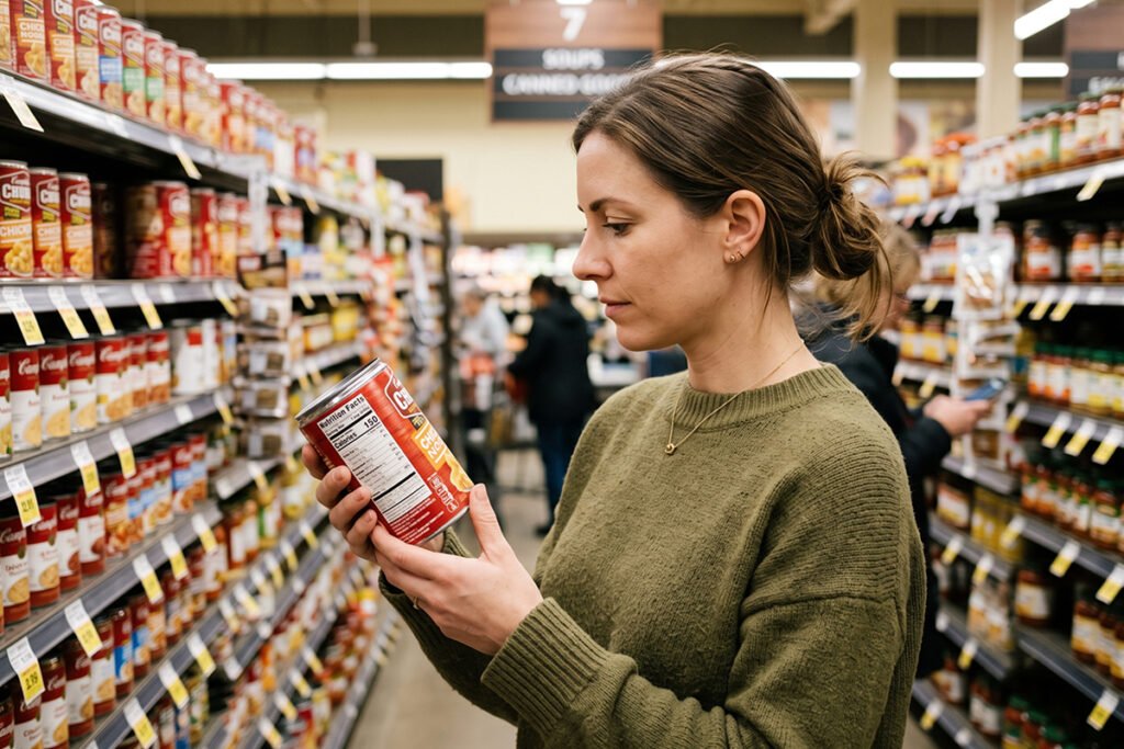 Shopper examining nutrition labels on canned soups and processed meals