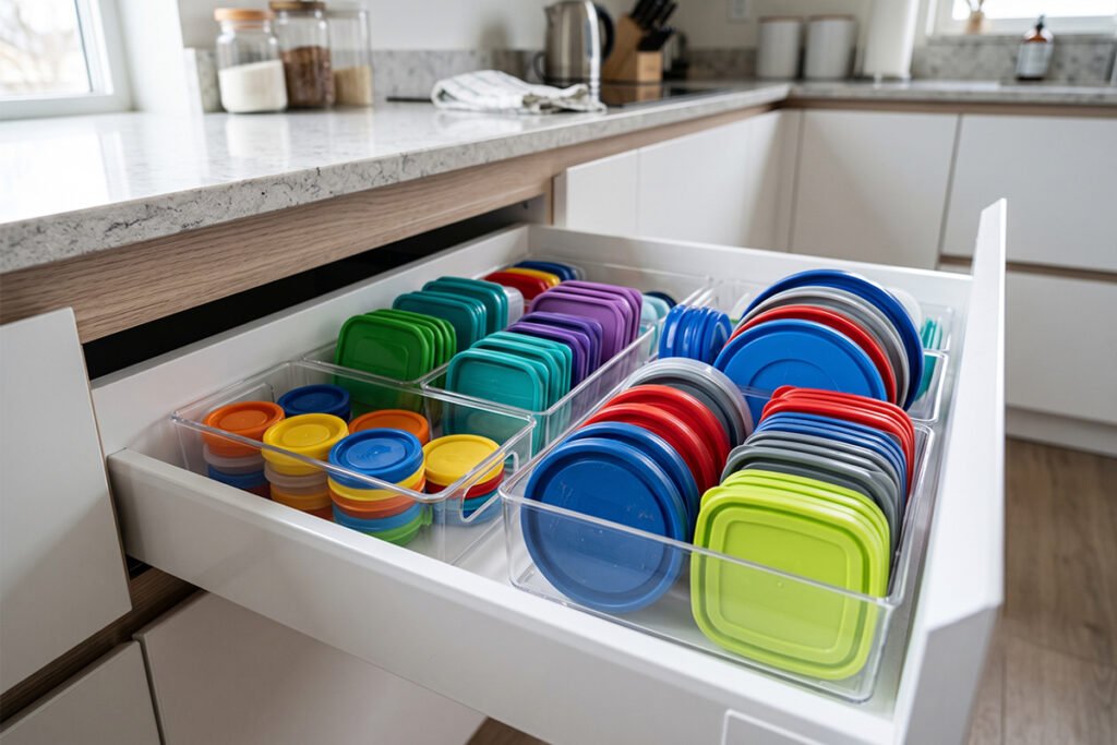 Short modular trays organizing small lids in a shallow kitchen drawer
