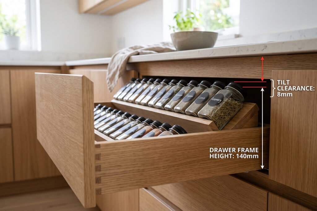 Side angle diagram showing jar tilt clearance inside a standard height kitchen d