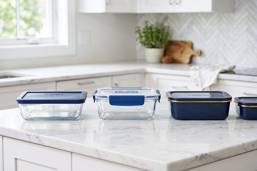 Side-by-side comparison display of top glass storage brands including Pyrex