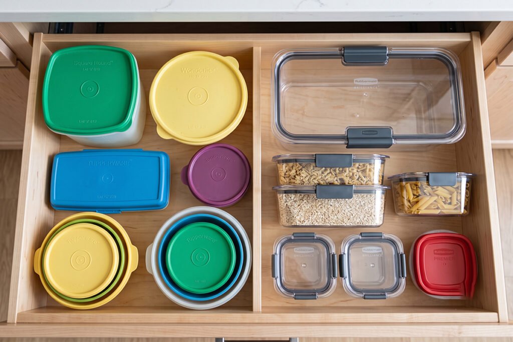 Side by side comparison of Rubbermaid and Tupperware containers in a drawer