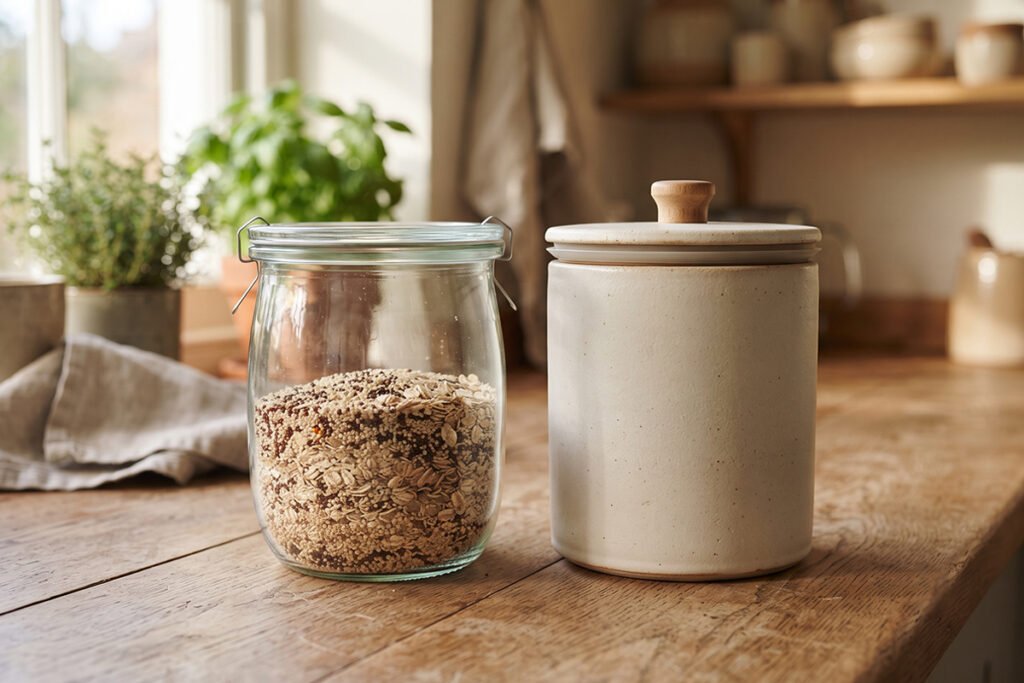 Side-by-side comparison of a clear glass jar and an opaque ceramic container holding dry grains