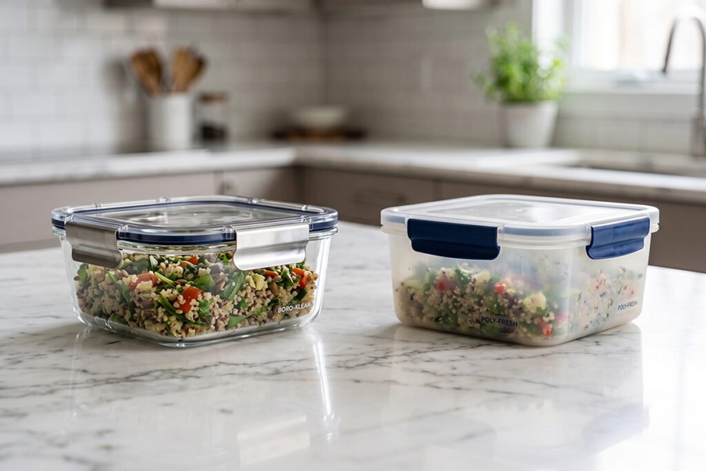 Side by side comparison of a glass food container and a plastic container on a kitchen counter