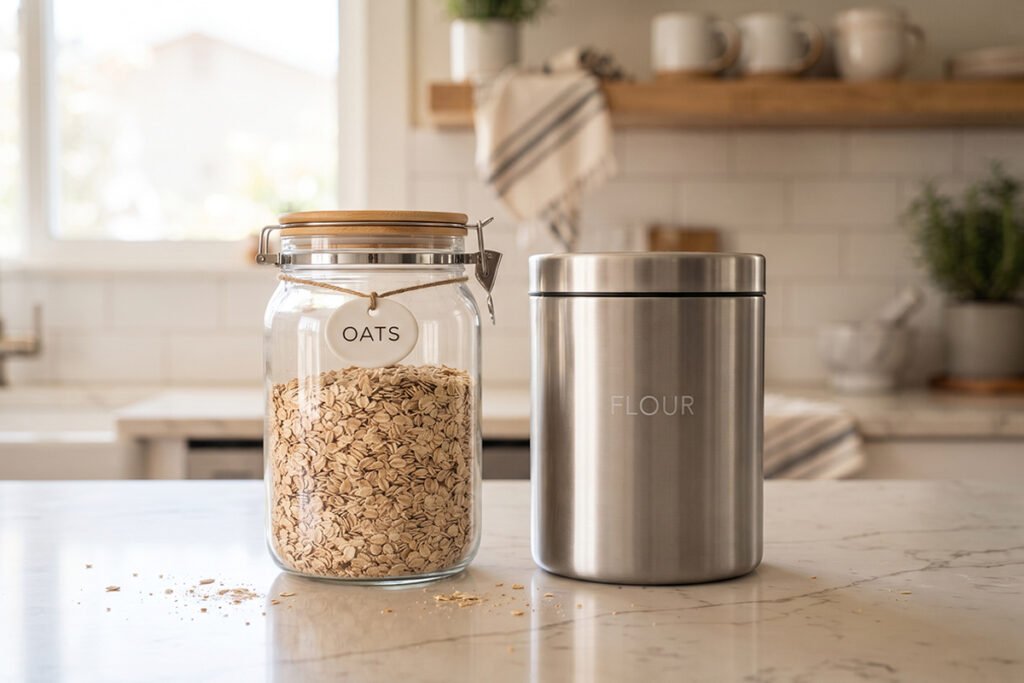 Side-by-side comparison of a glass jar and a stainless steel container on a counter
