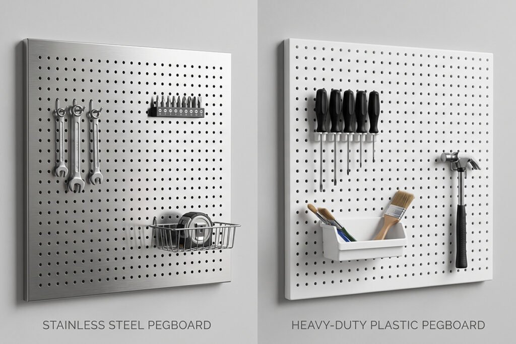 Side by side comparison of a sleek metal pegboard panel and a white heavy-duty plastic panel