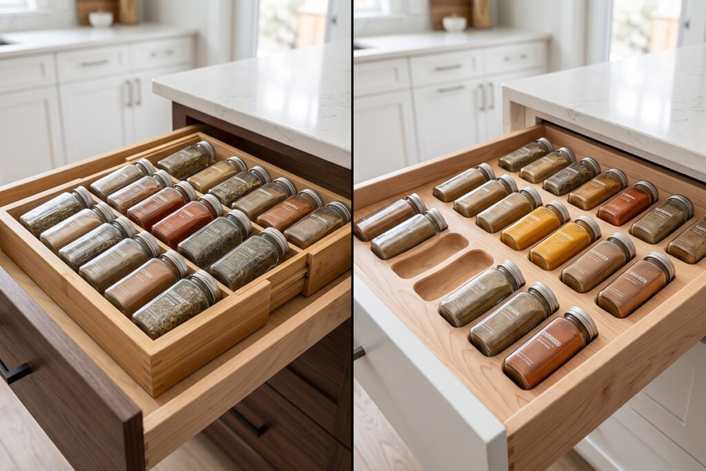 Side-by-side comparison of expandable bamboo spice tray and custom fit solid woo