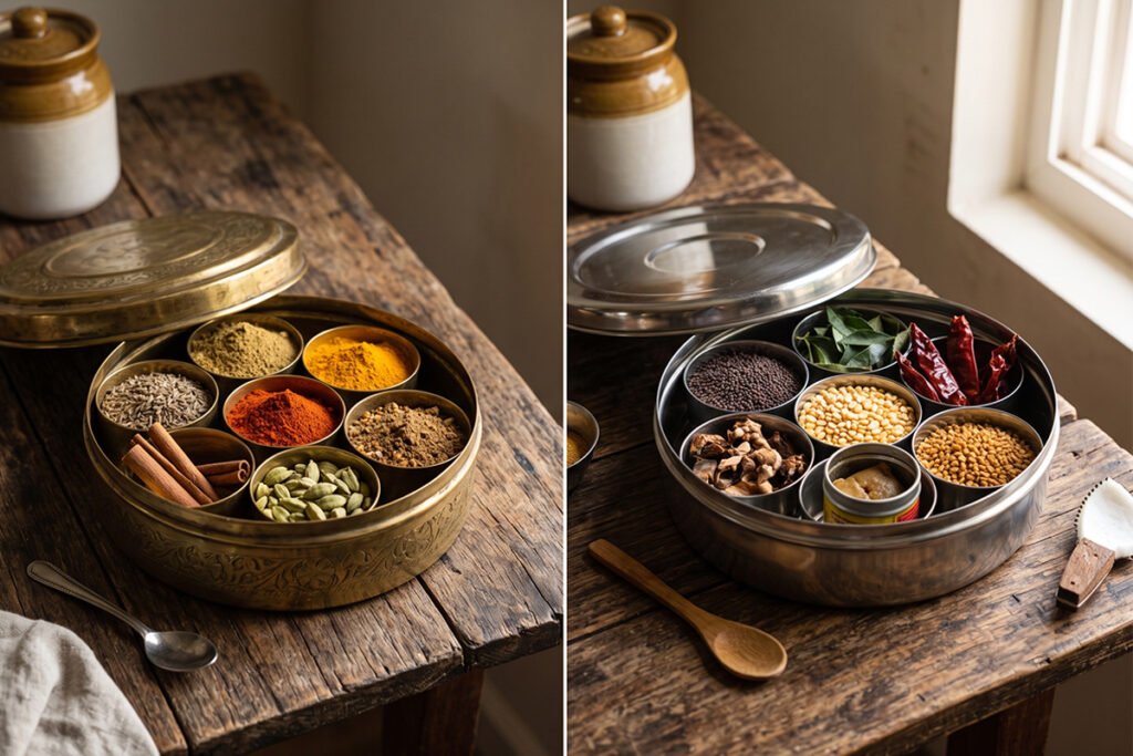 Side by side comparison of regional spice selections in traditional containers