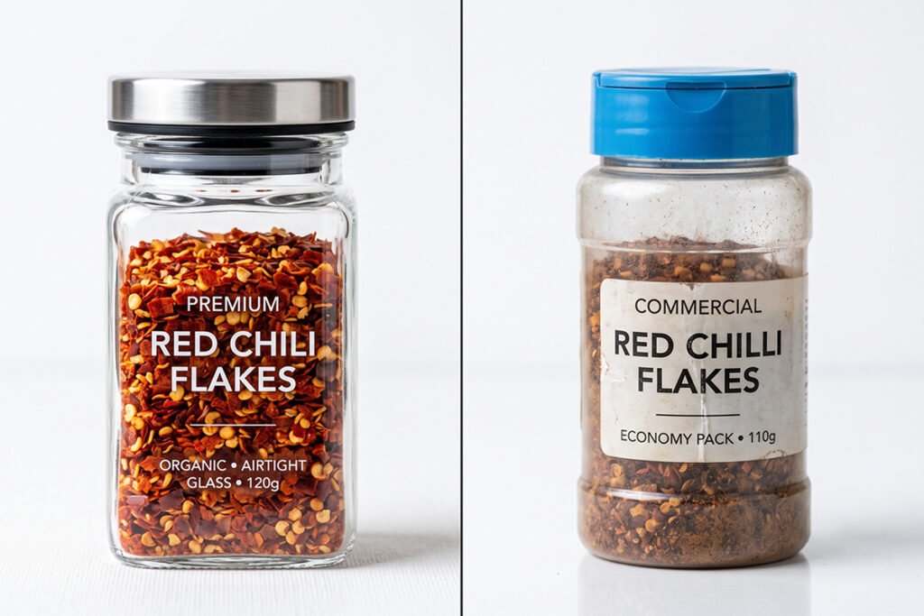 Side-by-side comparison of spices kept in clear glass jars versus thin commercial p