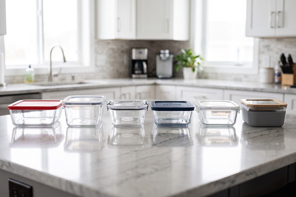 Side-by-side comparison of top brand glass containers on a kitchen island