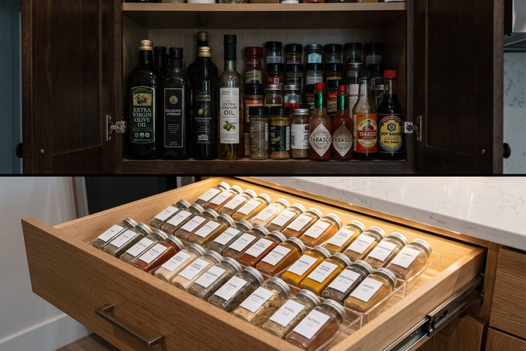 Side-by-side comparison showing a cluttered upper spice cabinet versus an organ