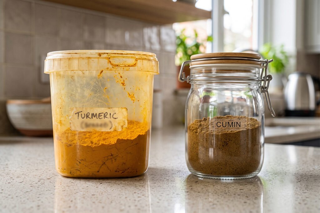 Side by side comparison showing stained plastic container versus pristine clear glass jar