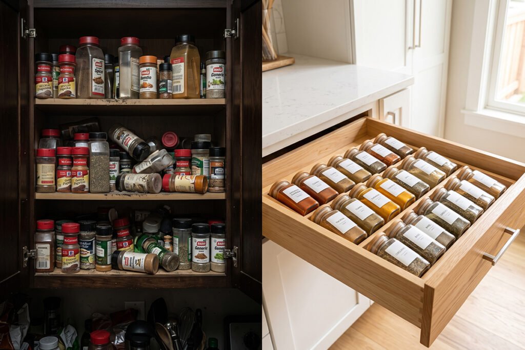 Side-by-side view of a dark crowded upper cabinet versus a brightly lit organize
