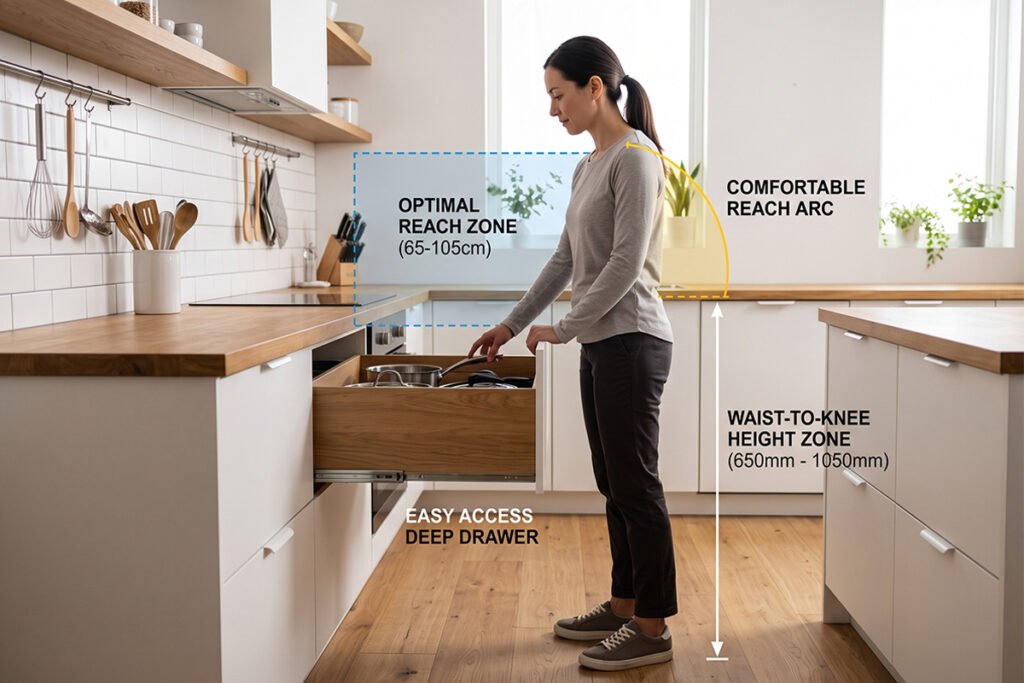 Side view diagram showing a person accessing a deep drawer within the ergonomic wai