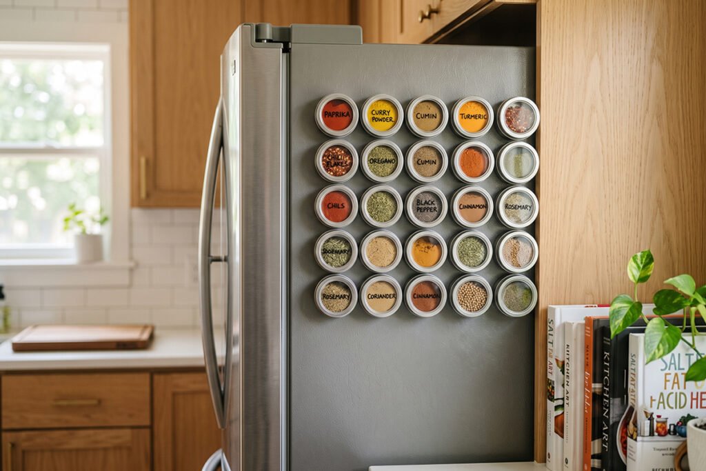 Side view of a refrigerator with neat magnetic spice containers arranged in a grid_