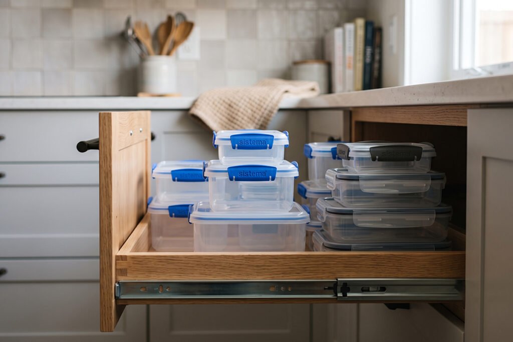 Side view of deep drawer showing neatly nested plastic containers stacked to optimal height