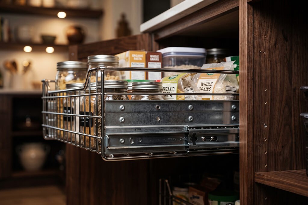Side view of heavy-duty steel tracks supporting a fully loaded wire pantry drawer