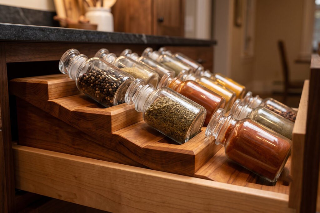 Side view of heavy glass spice bottles resting securely on a durable wooden tier in