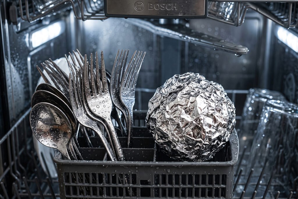Silverware basket in a dishwasher containing utensils alongside a crumpled ball of_