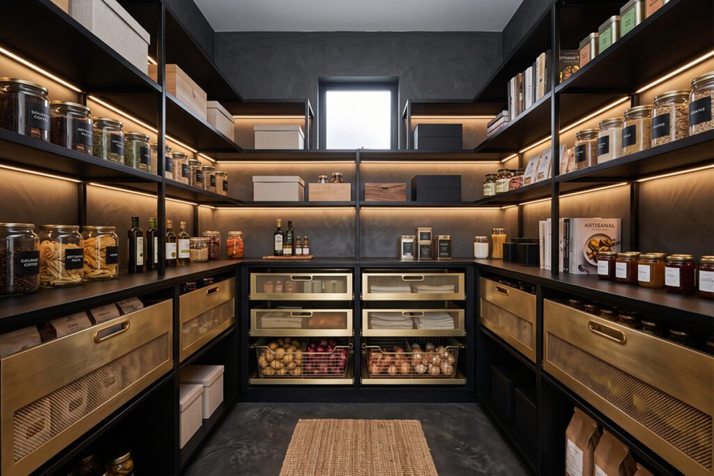 Sleek modern pantry design showcasing open metal shelving