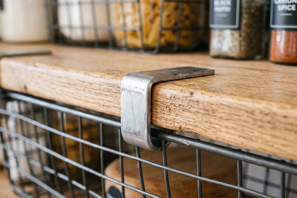 Slide-on metal brackets of a hanging wire basket resting securely on a shelf board.