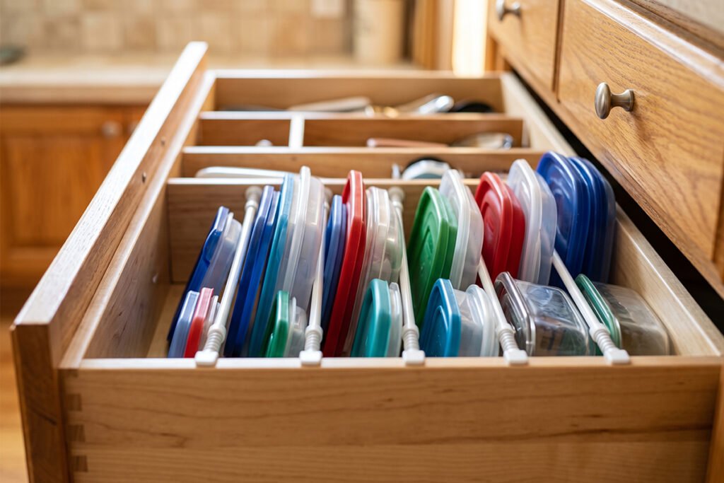 Small adjustable tension rods separating lids inside a deep cabinet