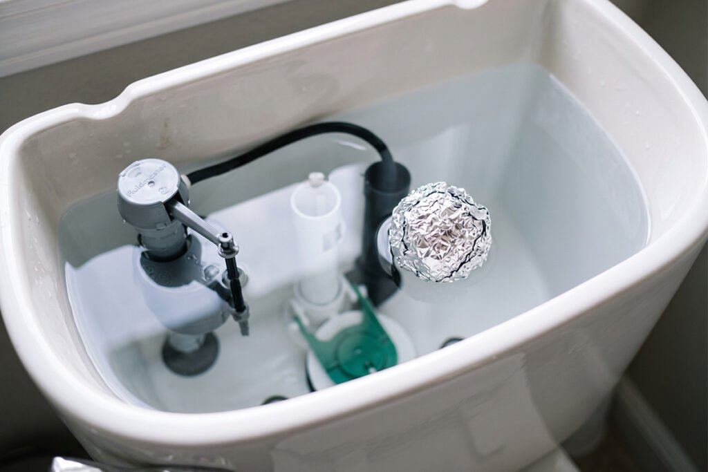 Small foil ball floating inside a clean toilet tank water reservoir