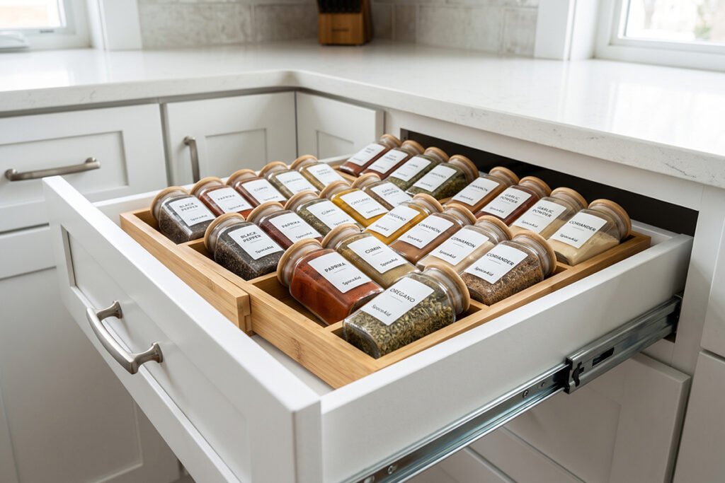 SpaceAid expandable bamboo spice organizer inside a kitchen drawer with matching