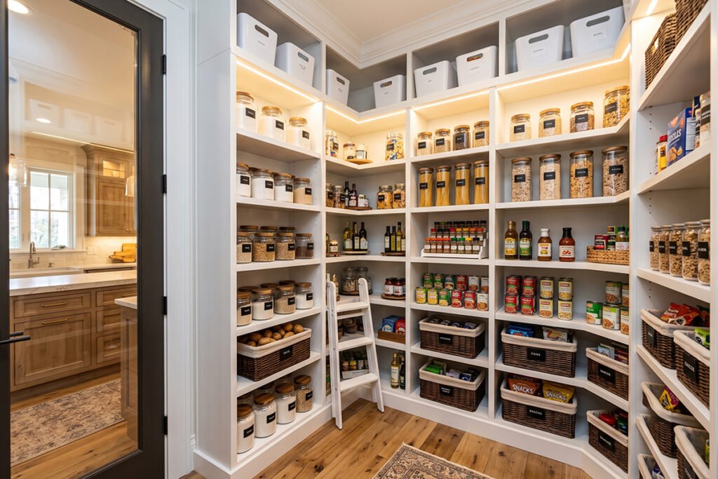 Spacious walk-in corner pantry with organized shelves filled with dry food goods
