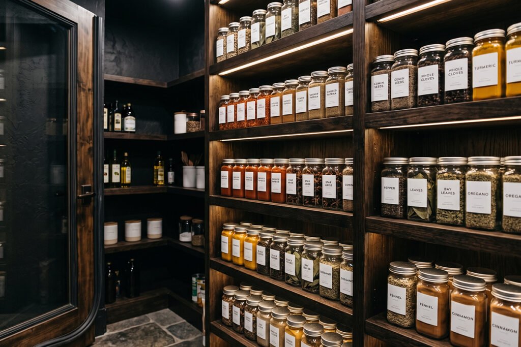 Spice jars neatly arranged inside a dark