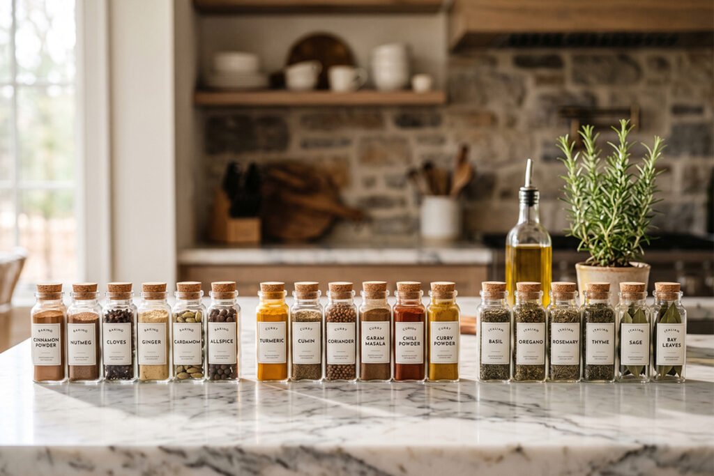 Spice jars organized into neat categories like baking