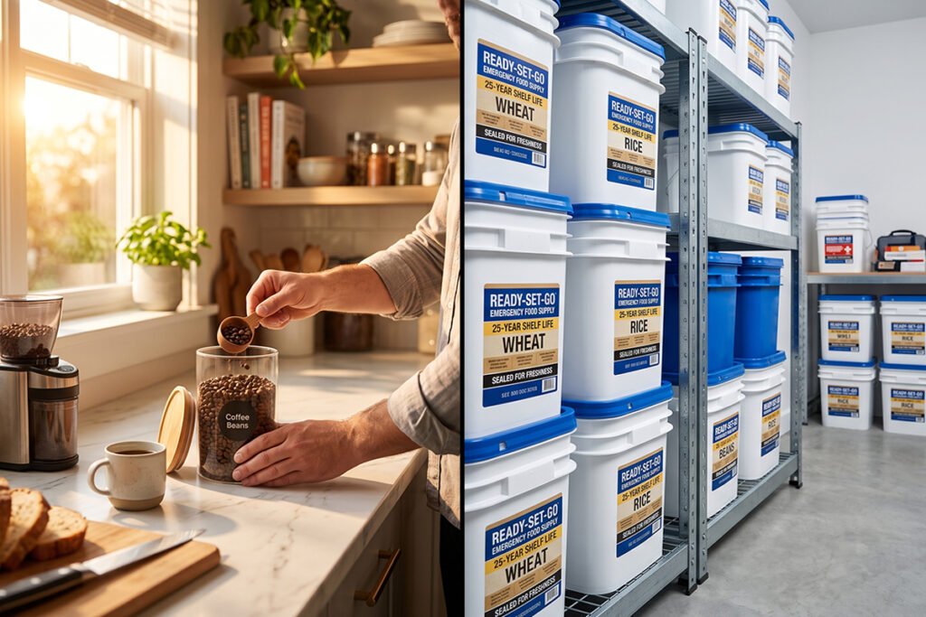 Split-screen graphic showing quick daily kitchen canister usage on the left versus lo